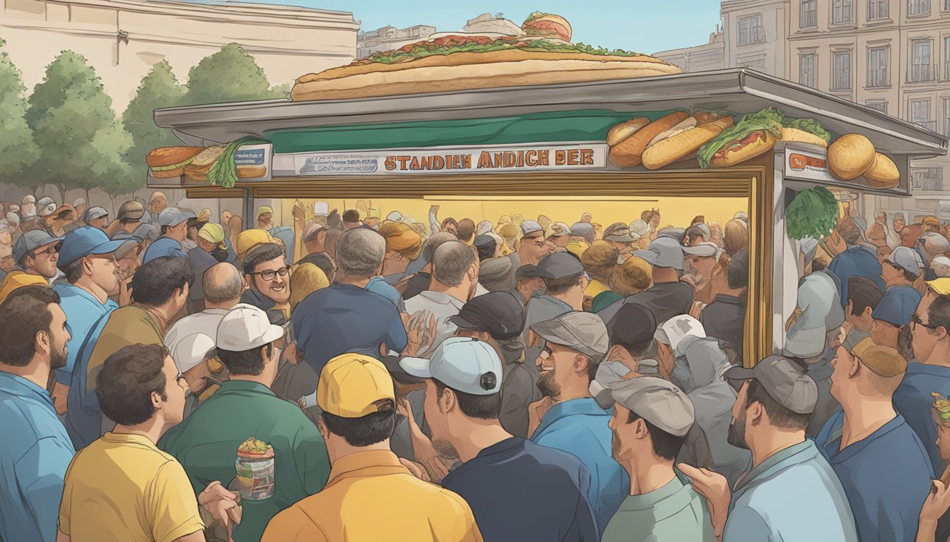 A steaming Italian beef sandwich being devoured amidst a crowd of onlookers