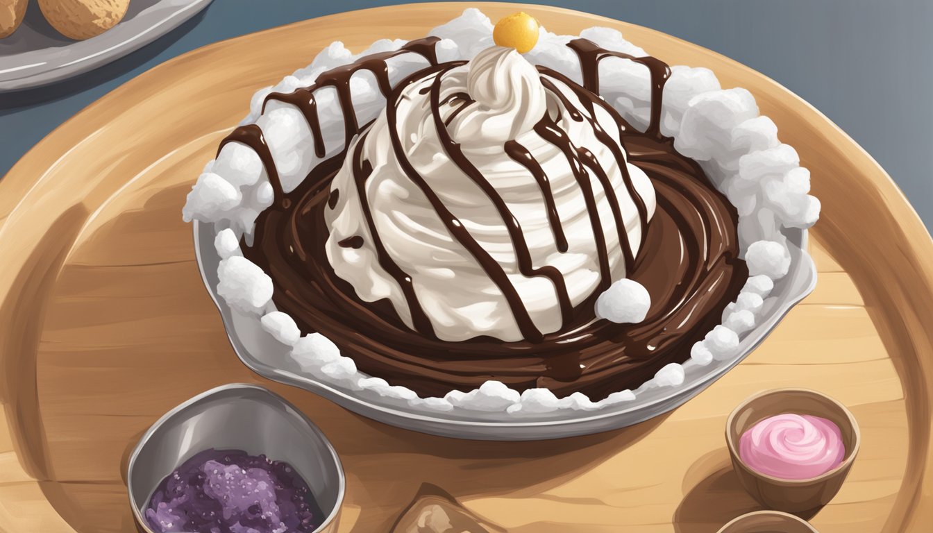 A giant scoop of ice cream sits on top of a baked potato, surrounded by a mountain of whipped cream and a drizzle of chocolate syrup