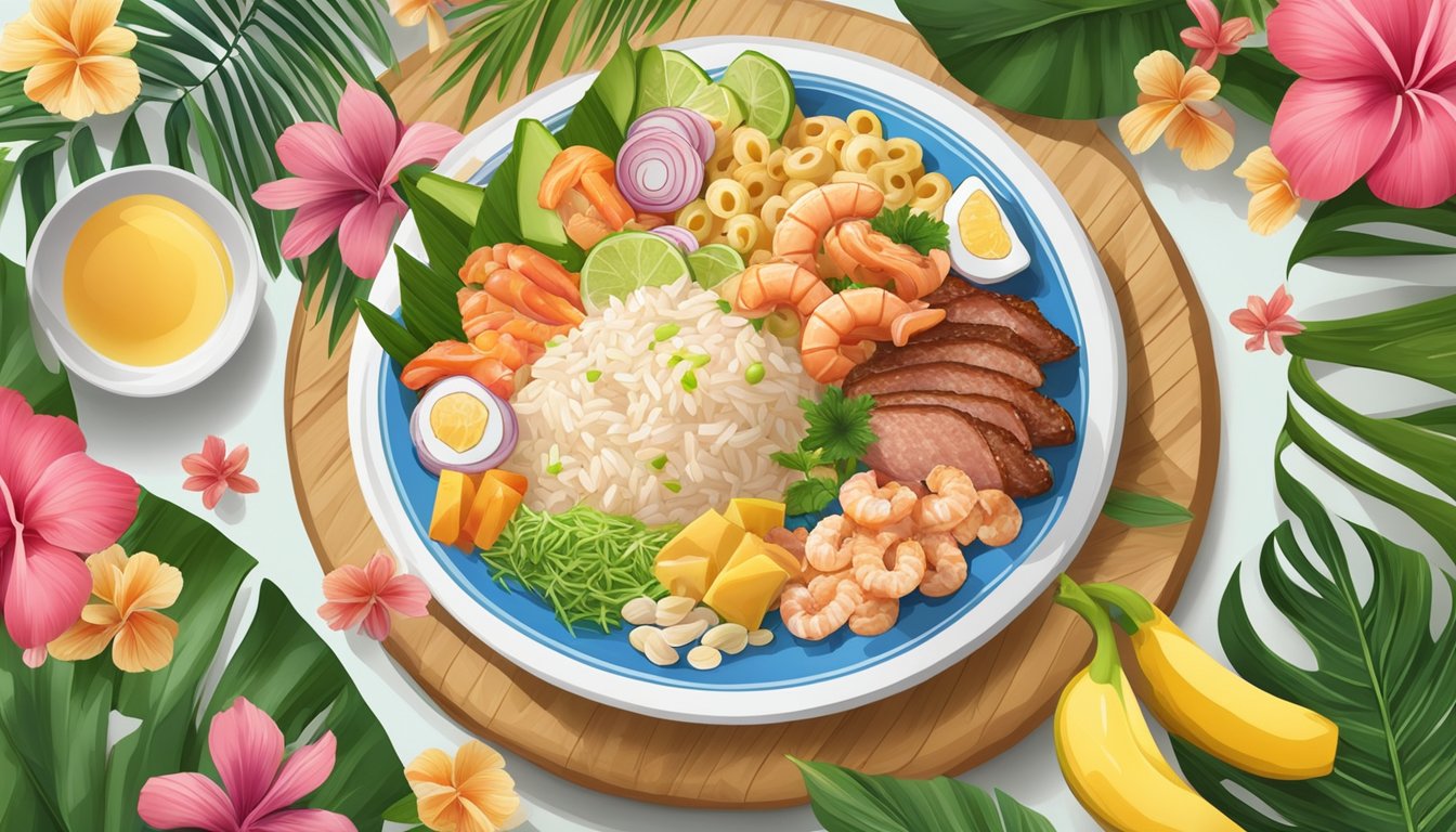 A colorful mixed plate with rice, macaroni salad, and a variety of meats and seafood, surrounded by tropical flowers and palm trees