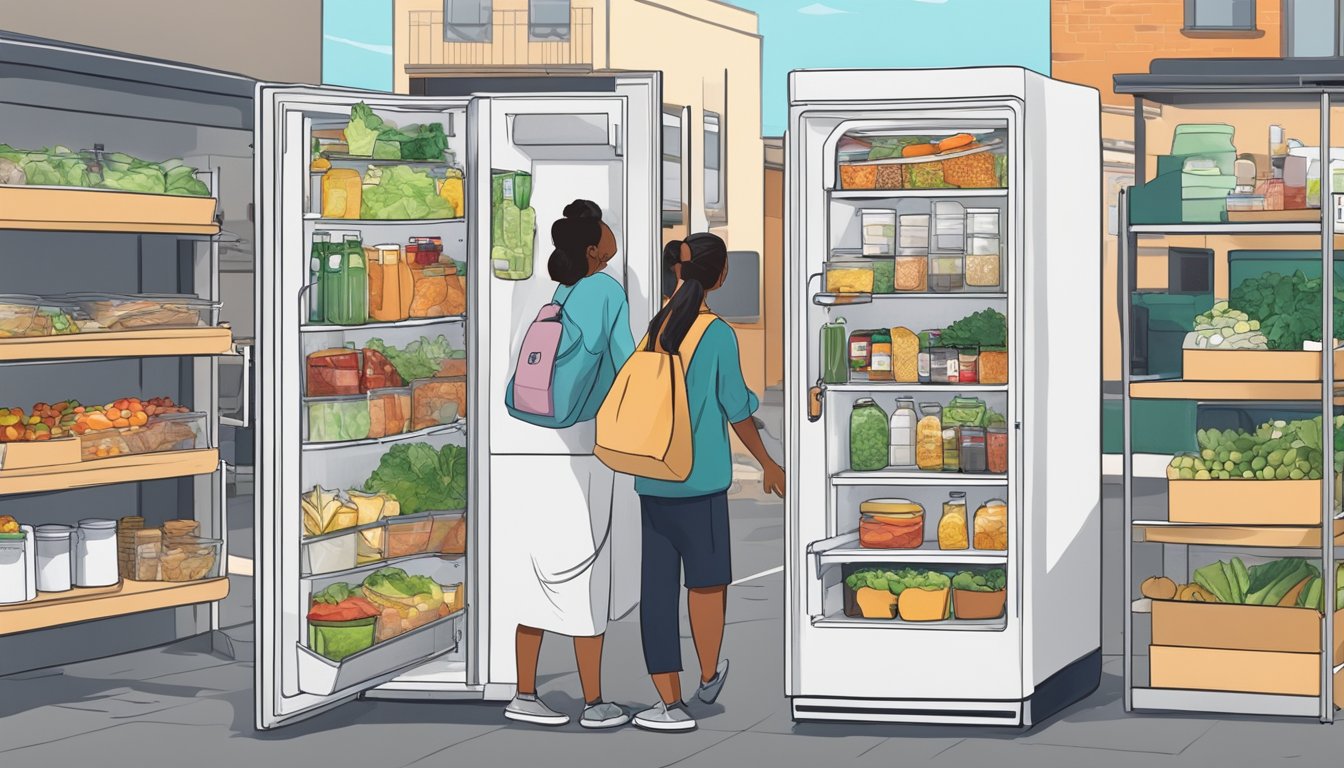 A community fridge surrounded by shelves of food, with people accessing and contributing to it in a bustling neighborhood