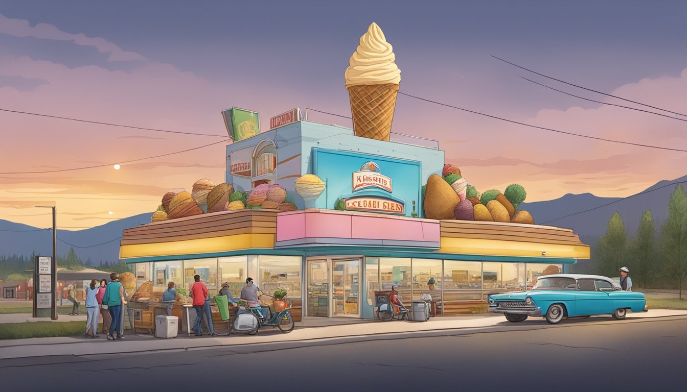 A bustling drive-in with a giant ice cream cone and potato sculpture, capturing the cultural impact of Idaho's westside