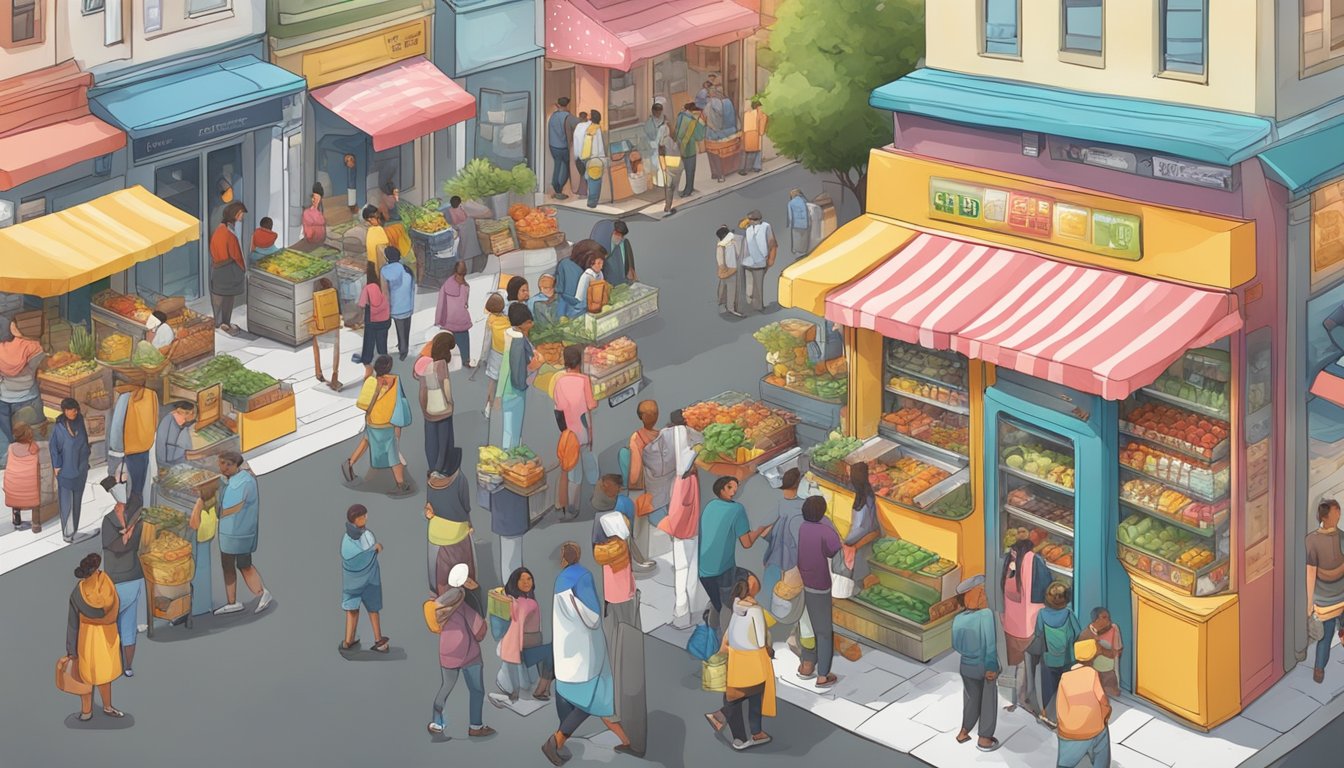 A bustling street with a colorful community fridge surrounded by people exchanging food and goods