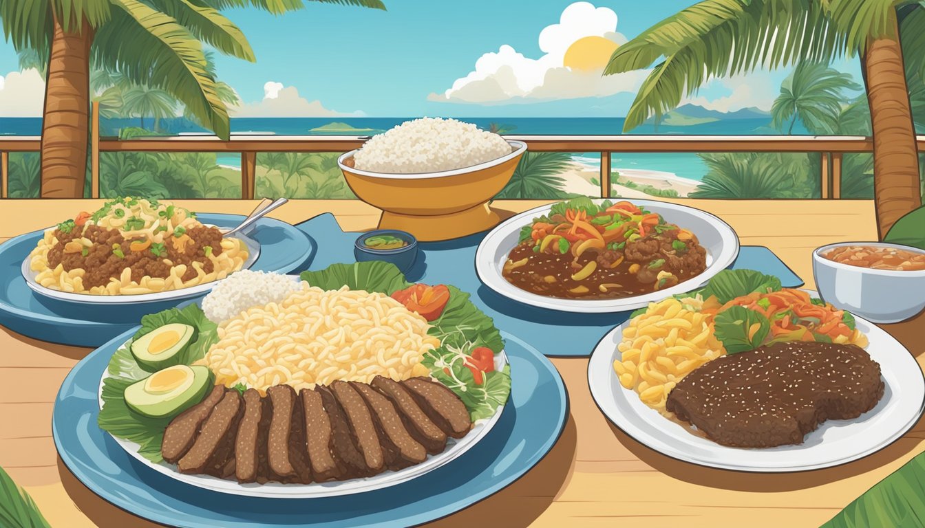 A colorful plate of mixed Hawaiian dishes at Rainbow Drive-In, including loco moco, teriyaki beef, and macaroni salad, surrounded by palm trees and a sunny sky