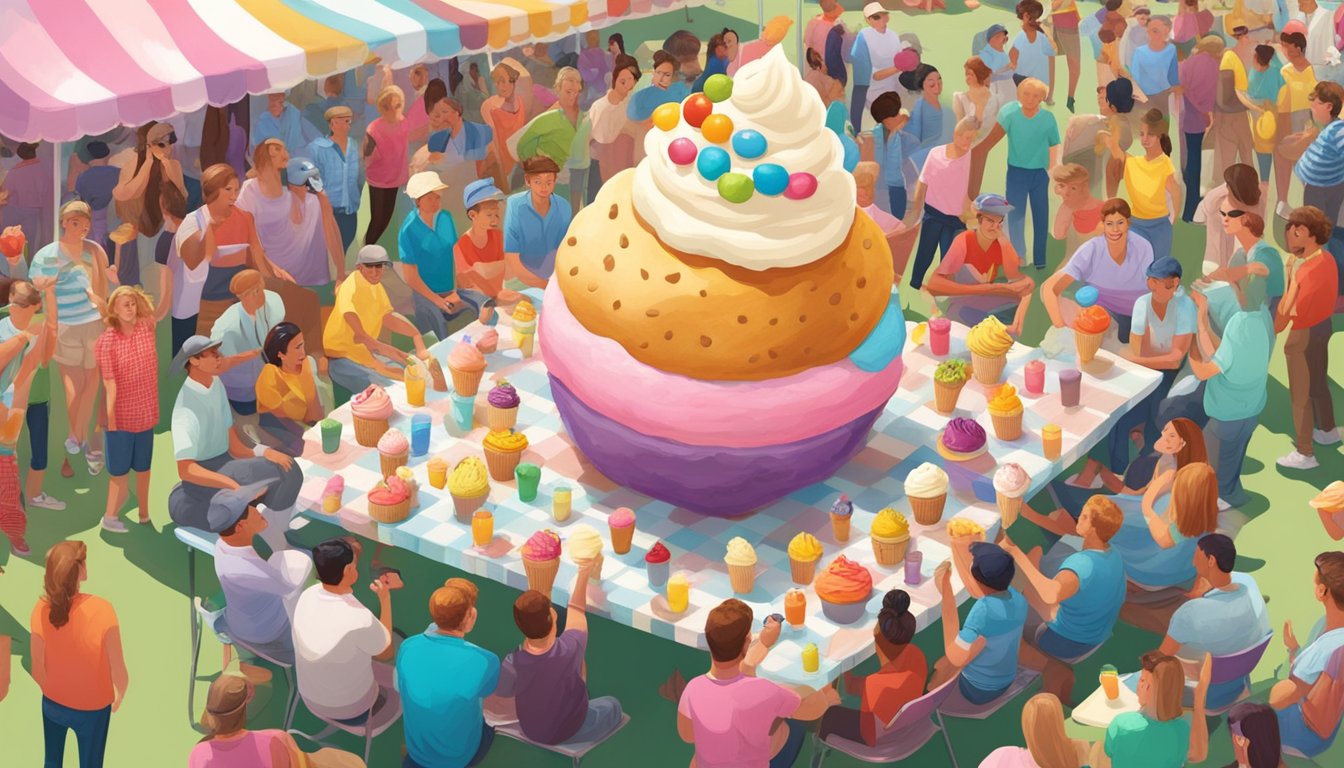 A giant ice cream potato sits on a checkered picnic table, surrounded by colorful toppings and a crowd of eager onlookers