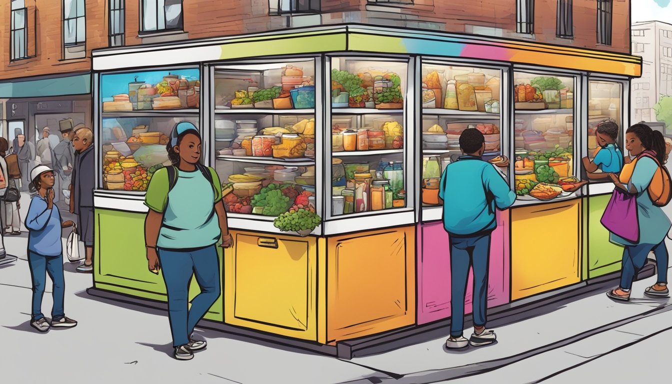 A bustling street corner with a colorful, graffiti-covered refrigerator filled with food and surrounded by a diverse group of people exchanging items