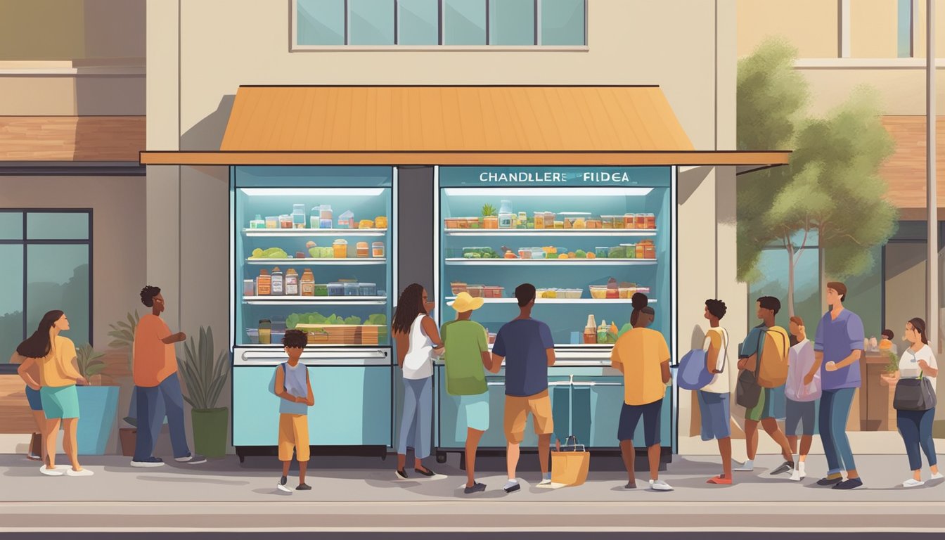 A bustling local community fridge surrounded by people enjoying cultural and recreational activities in Chandler, AZ