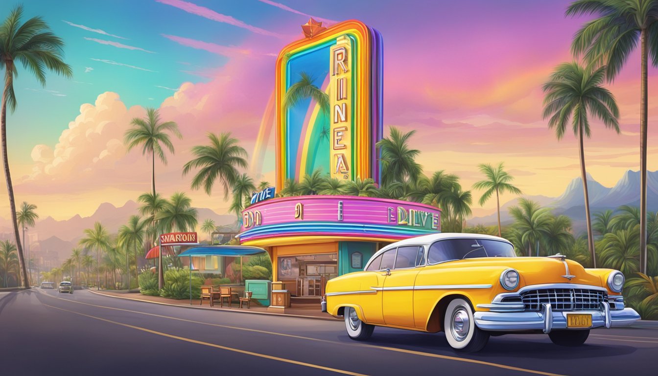 A colorful Rainbow Drive-In sign stands against a backdrop of palm trees and a bustling Waikiki street