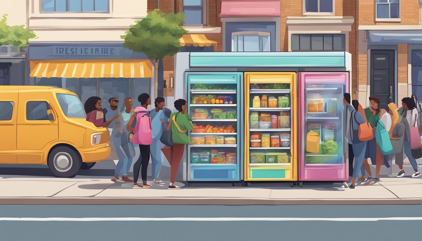 A brightly colored community fridge stands on a busy street corner, surrounded by a diverse group of people dropping off and picking up food items