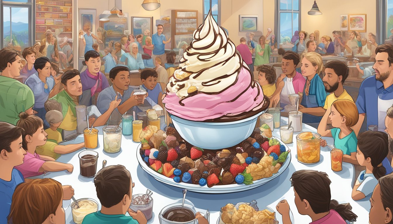 A towering kitchen sink sundae with a mountain of ice cream, whipped cream, and an assortment of toppings, surrounded by eager onlookers