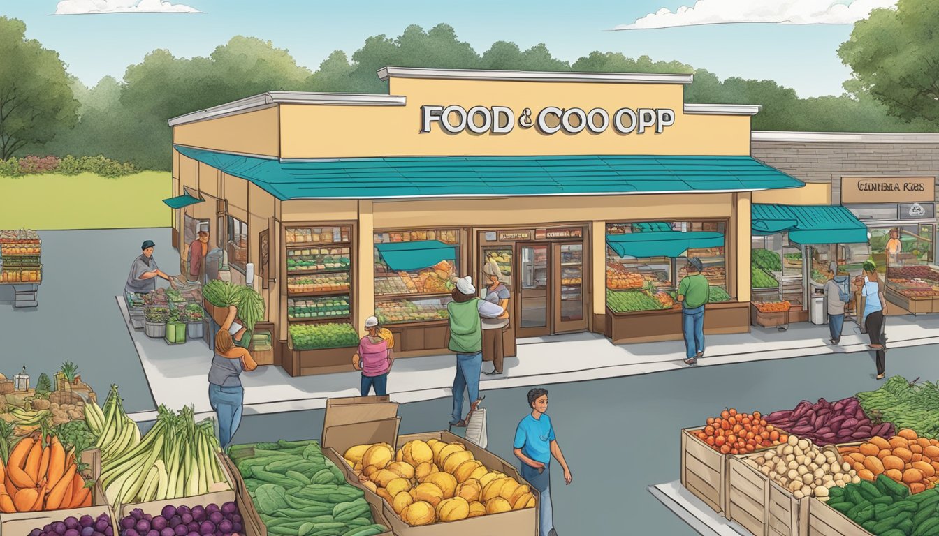 A bustling food co-op in Lakeland, FL, with diverse local produce, friendly staff, and a vibrant community atmosphere