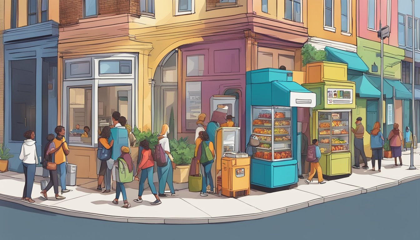 A bustling street corner with a colorful community fridge surrounded by diverse groups of people donating and taking food