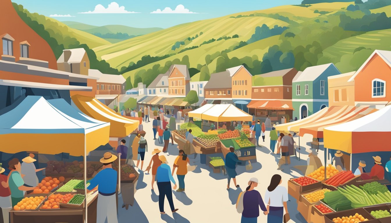 A bustling farmers' market with colorful stalls and fresh produce, surrounded by rolling hills and a clear blue sky