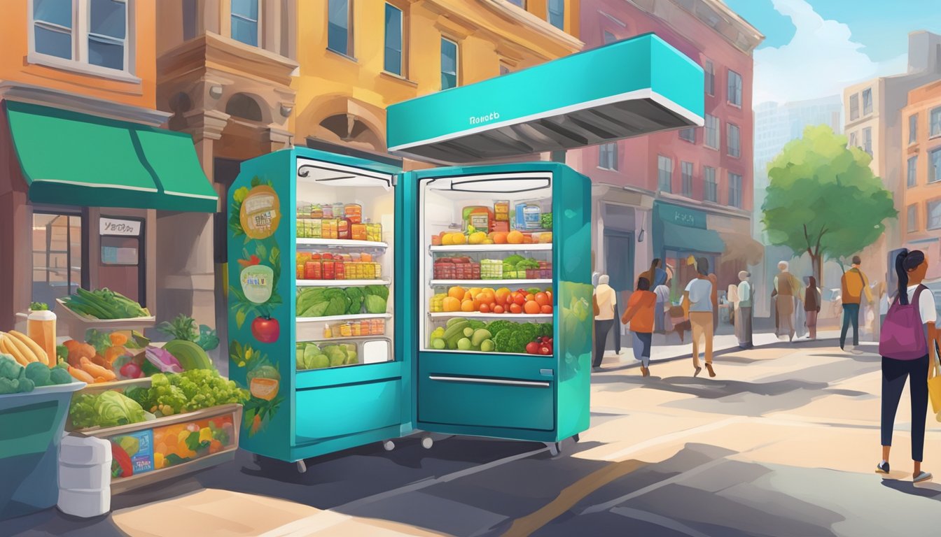 A vibrant community fridge stands on a sunny street corner, surrounded by diverse buildings and bustling activity. The fridge is adorned with colorful artwork and filled with fresh produce and food items