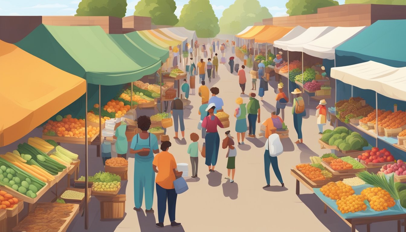 A bustling farmers market with colorful stalls and a variety of fresh produce, baked goods, and artisanal products. Customers browse and chat with local farmers and vendors