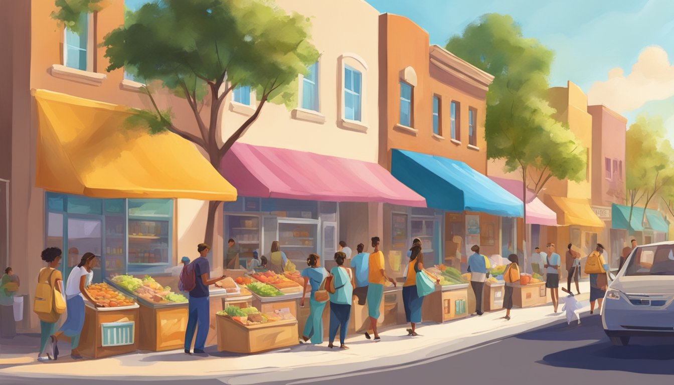 A sunny street in Goodyear, AZ with colorful community fridges filled with food and surrounded by a diverse group of people