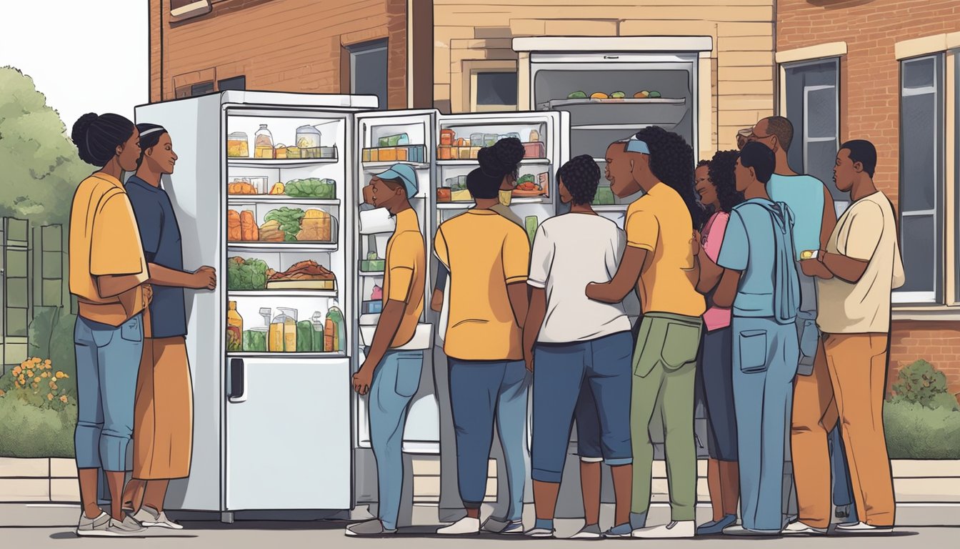 A diverse group gathers around a community fridge, exchanging food and tips in Montgomery, AL