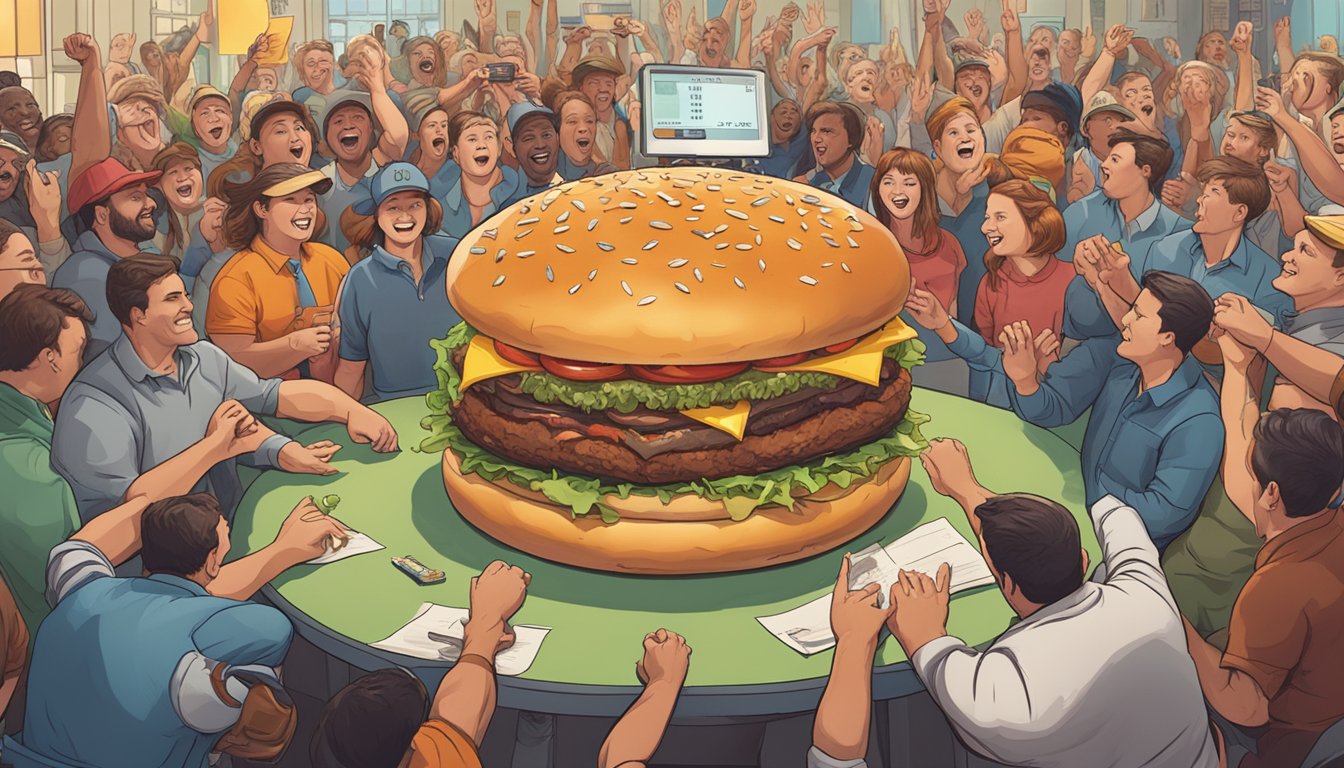 A massive burger sits atop a table, surrounded by cheering onlookers and a timer counting down