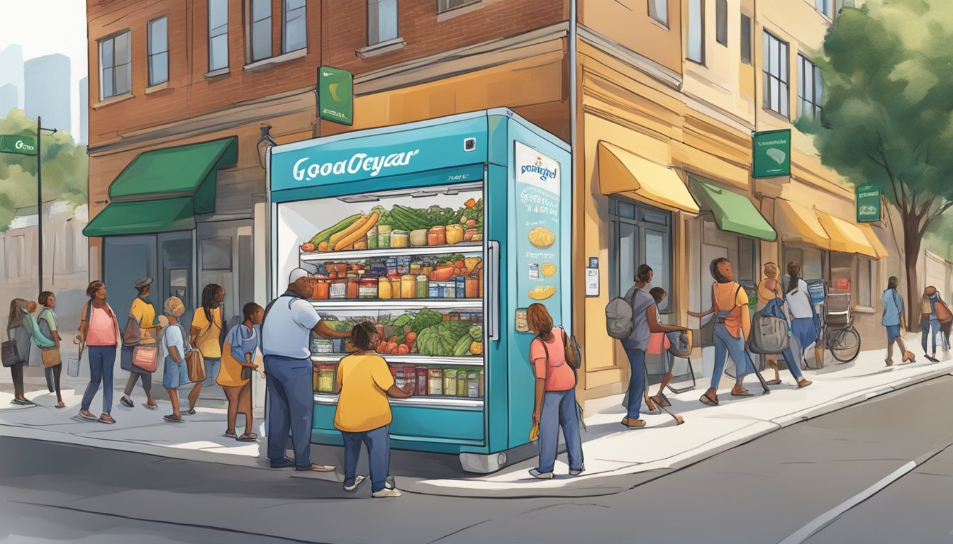 The Goodyear Community Fridge sits on a busy street corner, filled with fresh produce, canned goods, and hygiene products. A diverse group of people stop by to donate and take what they need