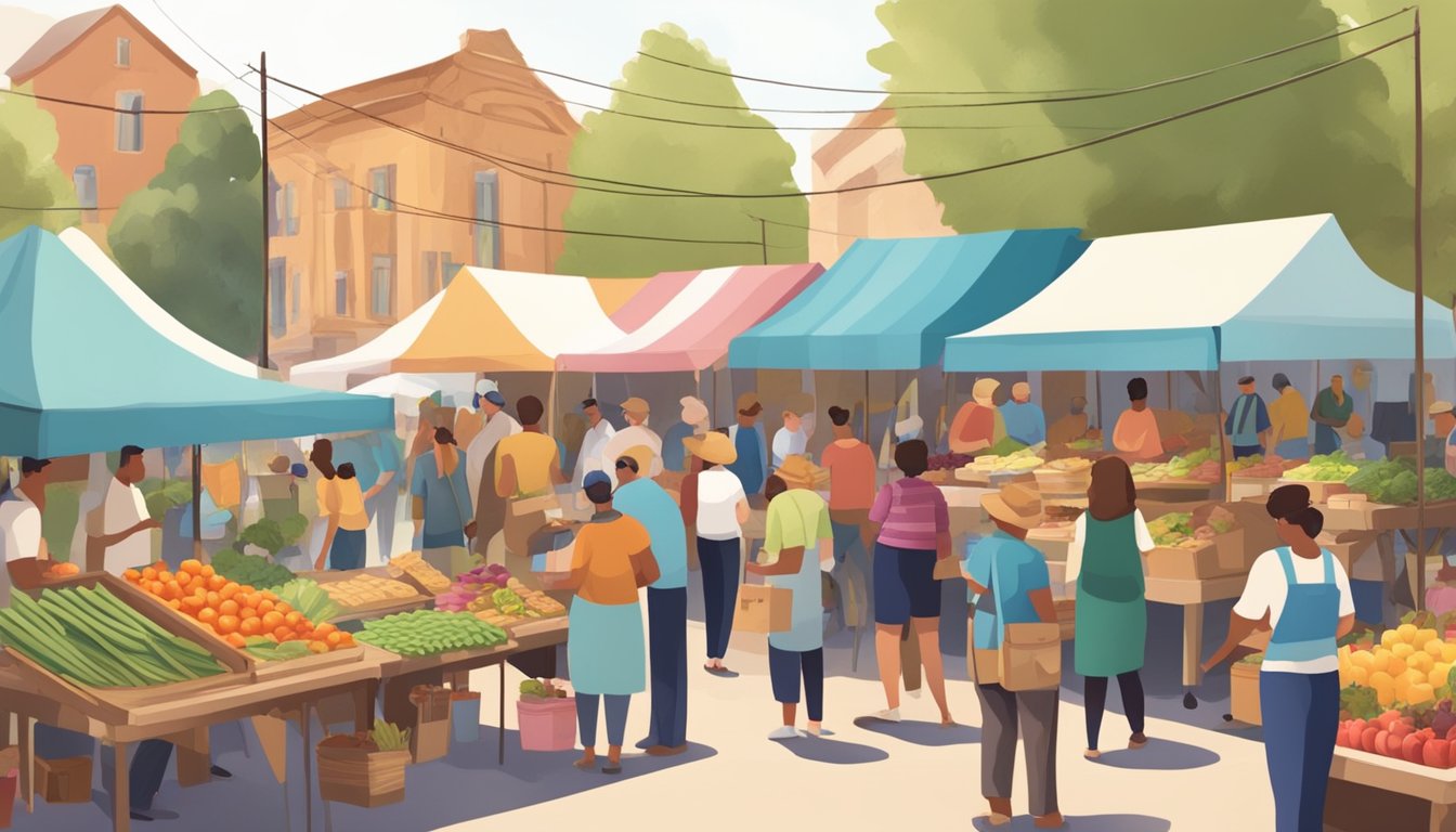 A bustling farmers' market with colorful stalls selling fresh produce, baked goods, and handmade crafts. Customers chat with vendors and sample local goods