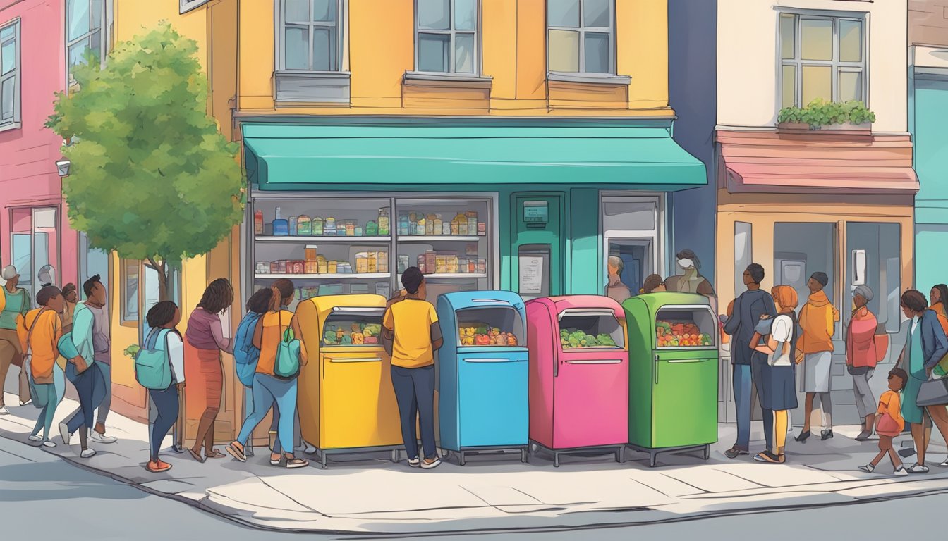 A bustling street corner with a brightly colored community fridge surrounded by people of diverse backgrounds donating and taking food items