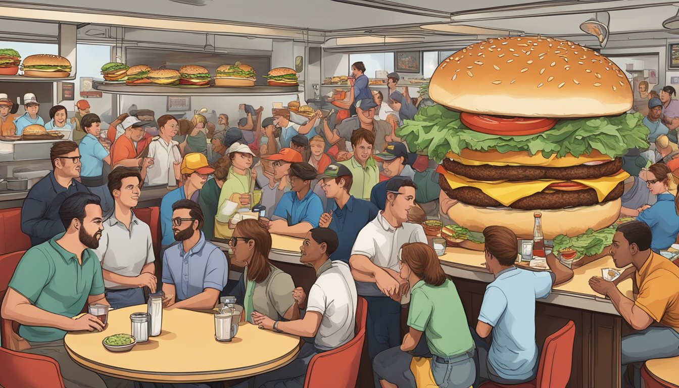 A bustling restaurant with a giant burger challenge on display, surrounded by eager onlookers and a lively atmosphere