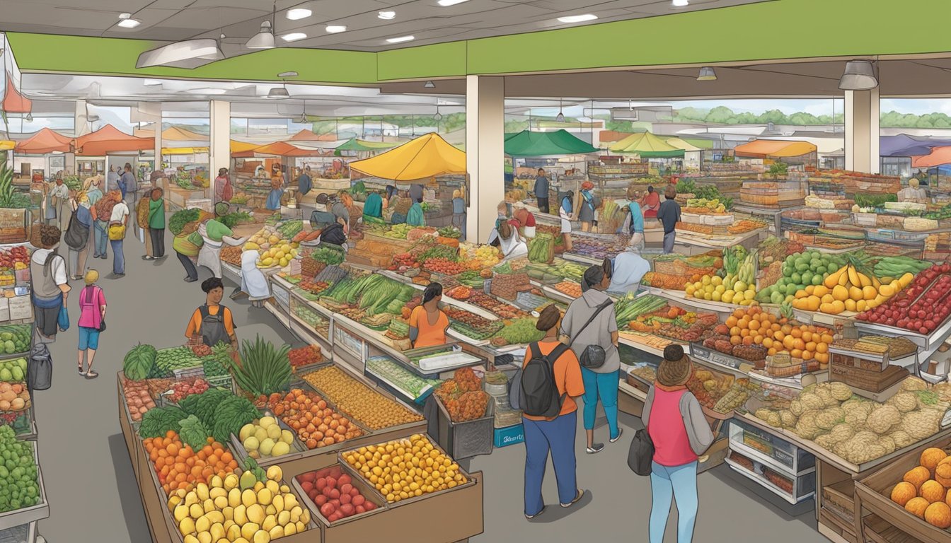 A bustling marketplace filled with colorful displays of fruits, vegetables, baked goods, and other local products. Shoppers browse the diverse offerings at a food cooperative in Lakeland, FL