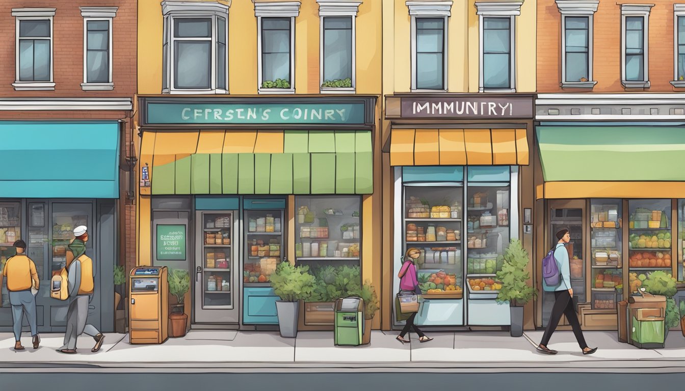 A bustling street corner with a colorful community fridge surrounded by various local businesses and organizations