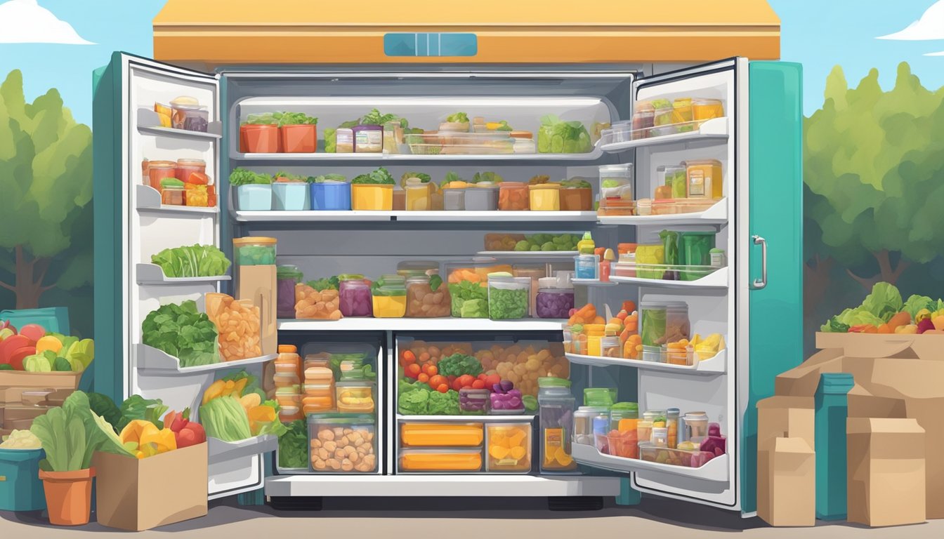 A colorful community fridge surrounded by diverse food donations, with people coming and going to contribute and take what they need