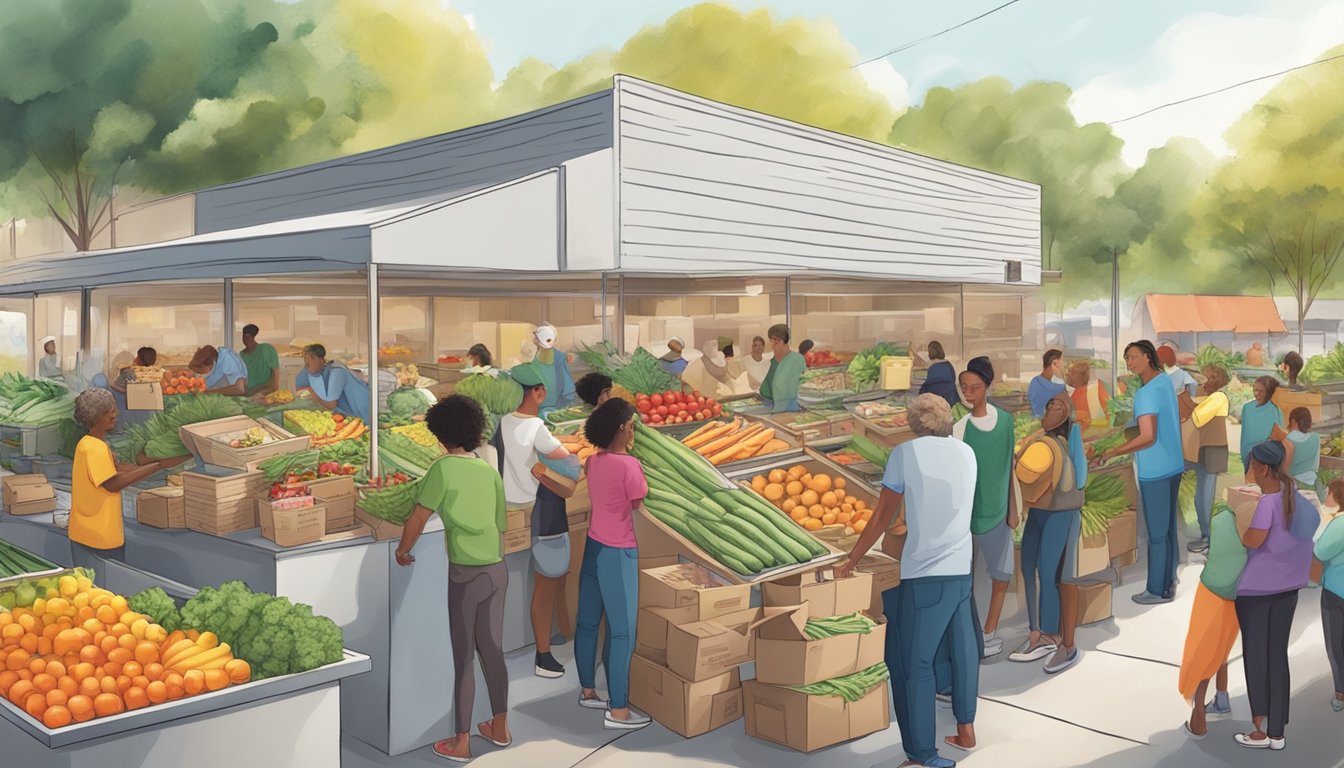 A bustling local food coop with volunteers and community members working together to distribute fresh produce and groceries