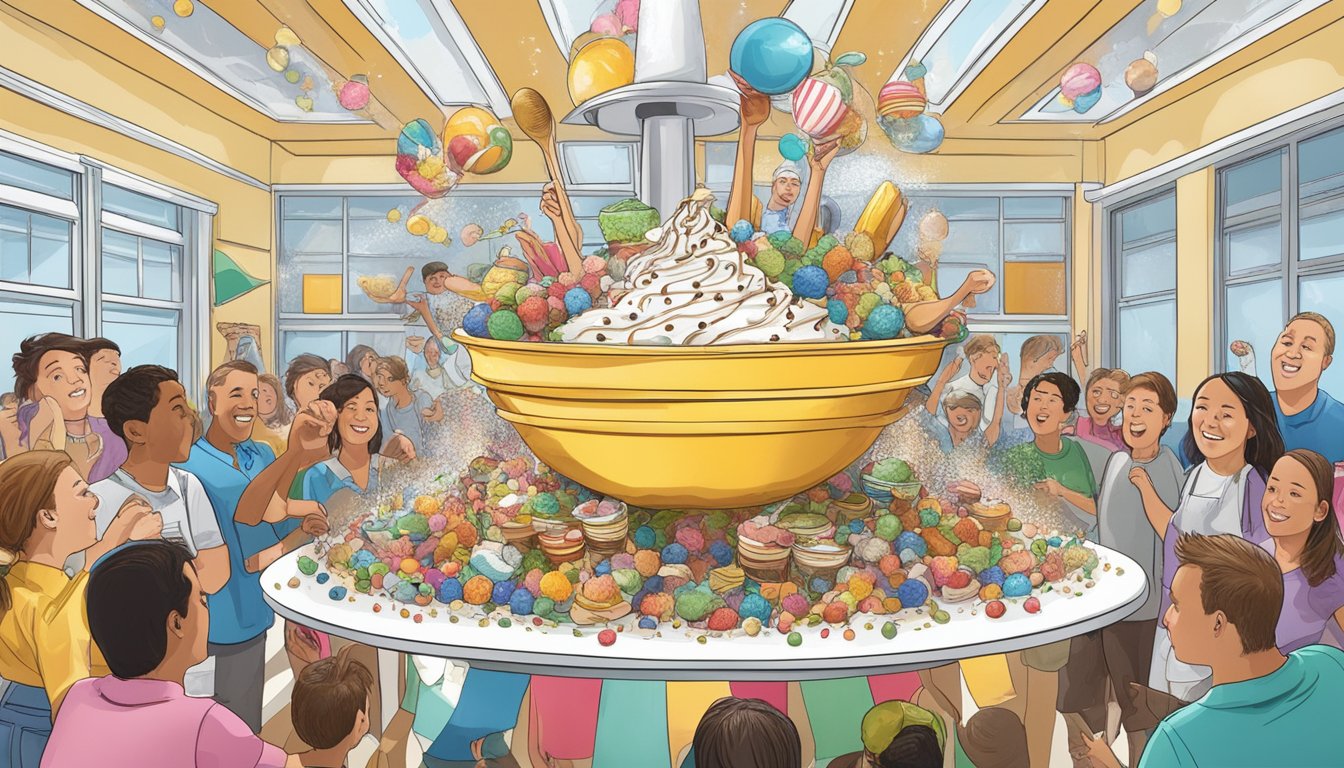 A towering kitchen sink sundae surrounded by cheering onlookers and a display of record-breaking achievements