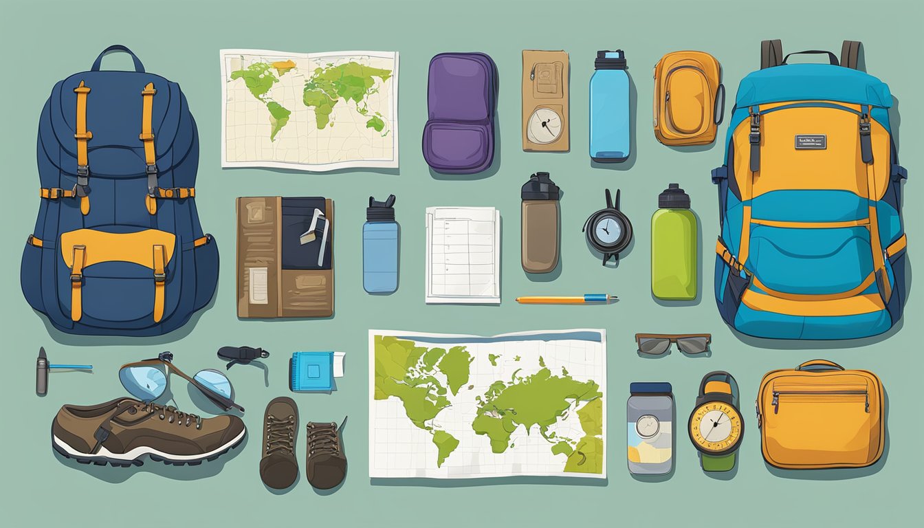 A colorful array of travel gear, including a backpack, water bottle, hiking boots, and a map, laid out on a table