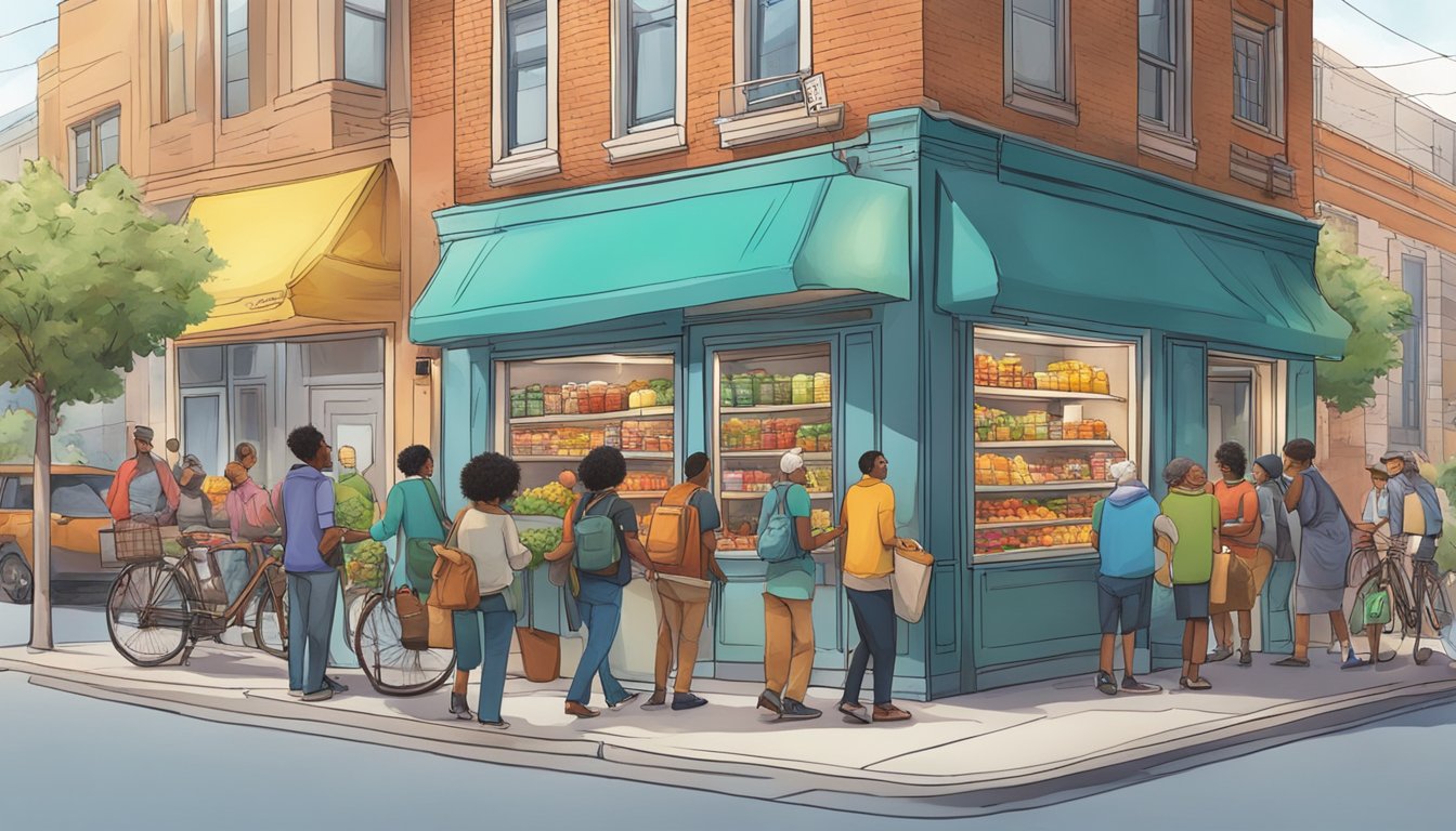 A bustling street corner with a colorful, well-stocked community fridge surrounded by diverse individuals taking and leaving food items