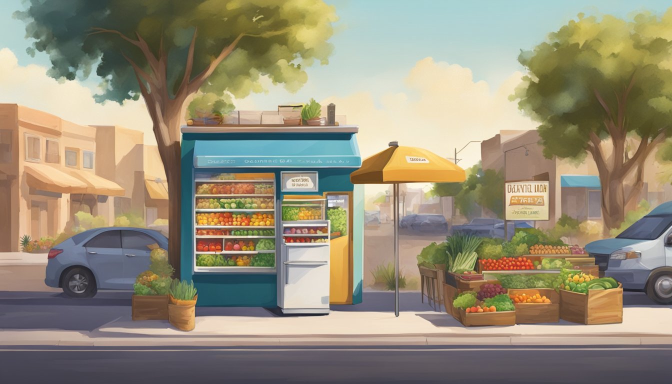 A sunny day in Buckeye, Arizona. A colorful community fridge stands on a bustling street corner, filled with fresh produce and labeled with a welcoming sign