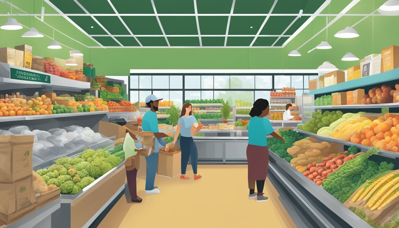 A bustling local food co-op in Lakeland, FL, with diverse produce and products, customers browsing and purchasing items, and staff assisting with food accessibility