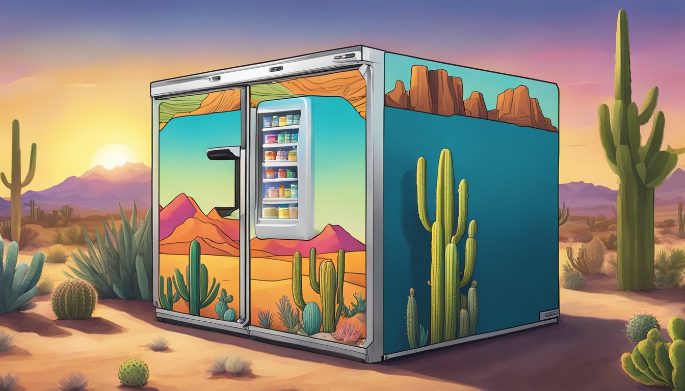 A brightly colored community fridge stands against a desert backdrop, surrounded by cacti and the warm glow of the Arizona sun