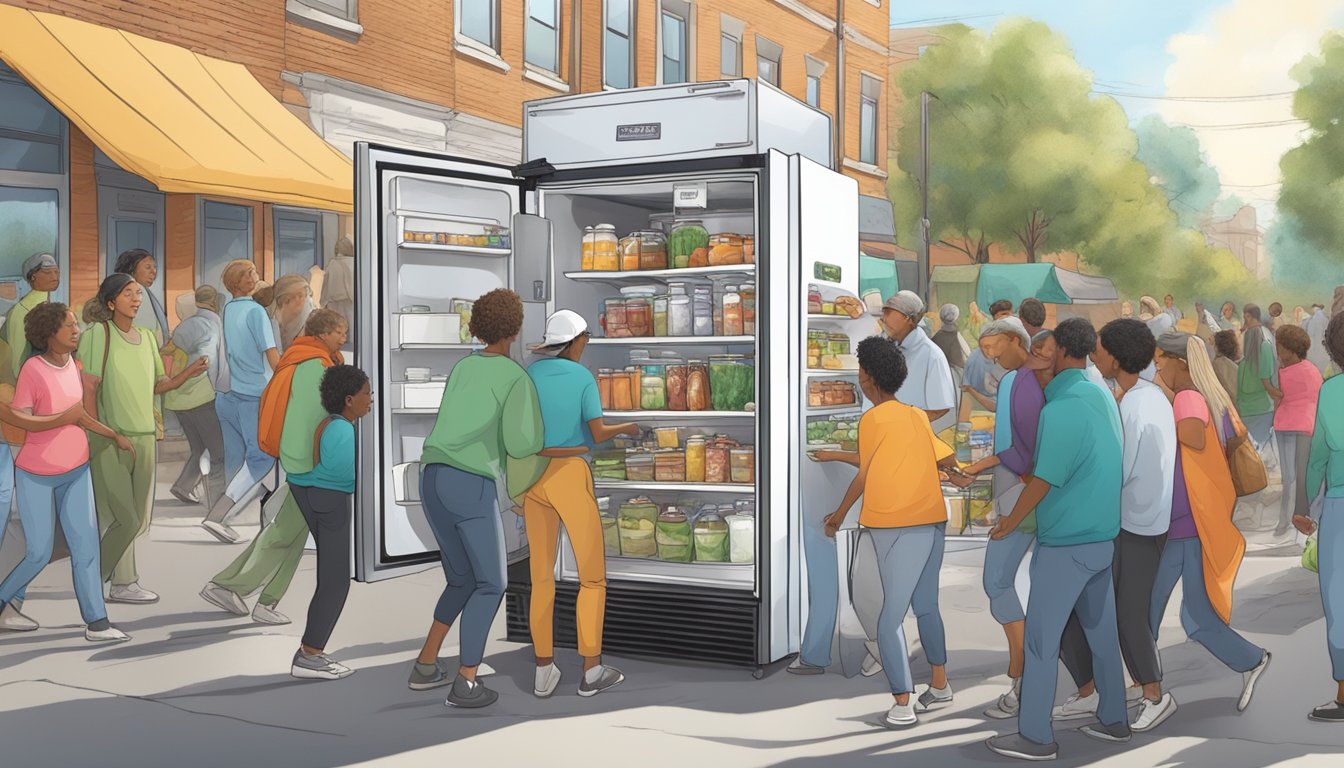 A bustling local community fridge surrounded by volunteers and donors, with people coming and going, dropping off food and supplies