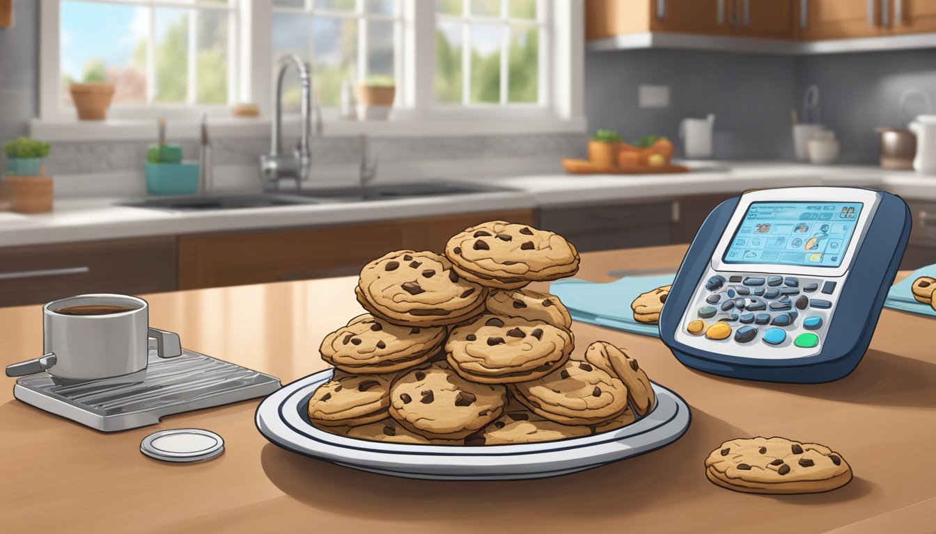 A plate of cookies sits next to a digital tracking device on a kitchen counter, while a towering sundae challenge looms in the background