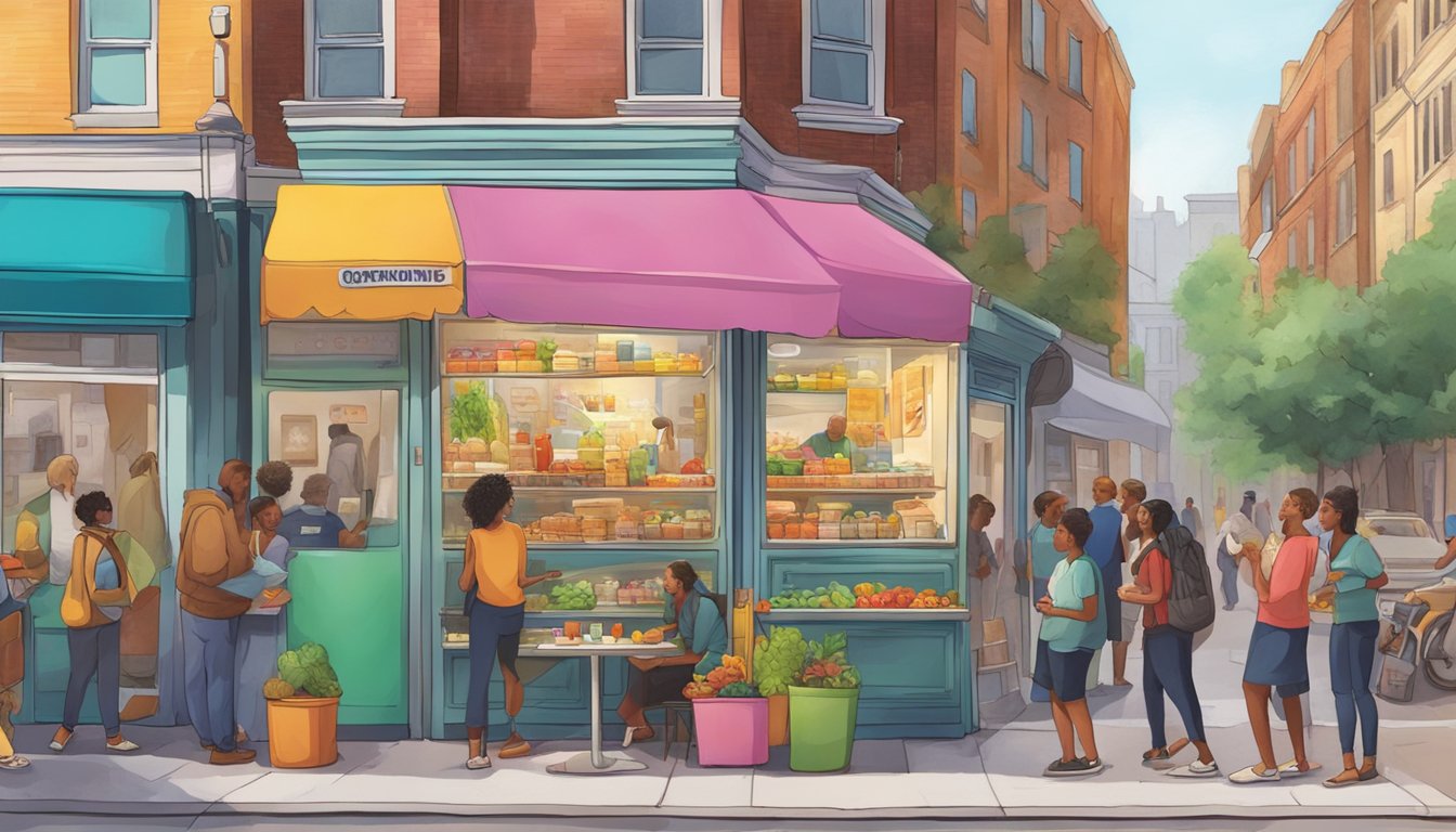 A bustling street corner with a colorful community fridge adorned with local artwork and surrounded by people exchanging food and conversation