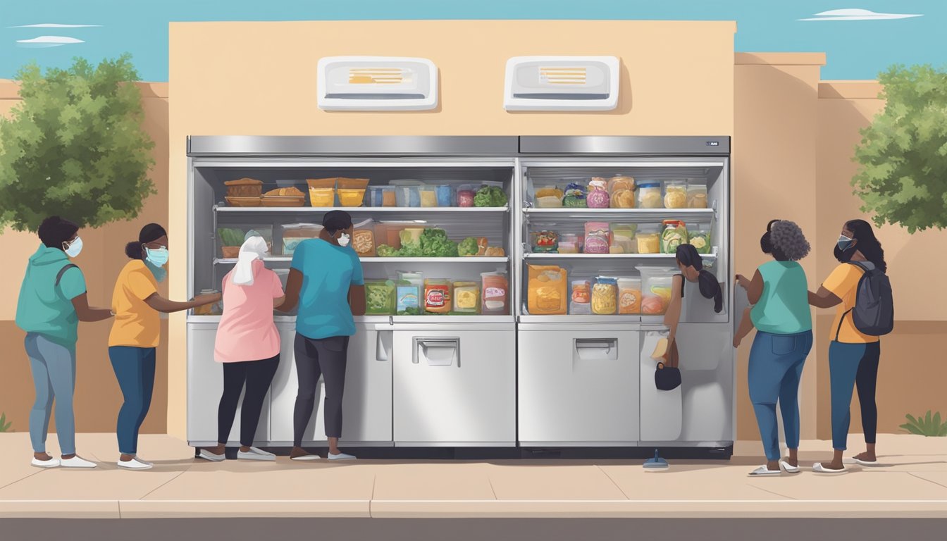 A local community fridge in Buckeye, AZ, with people accessing and donating food, while wearing masks and practicing social distancing