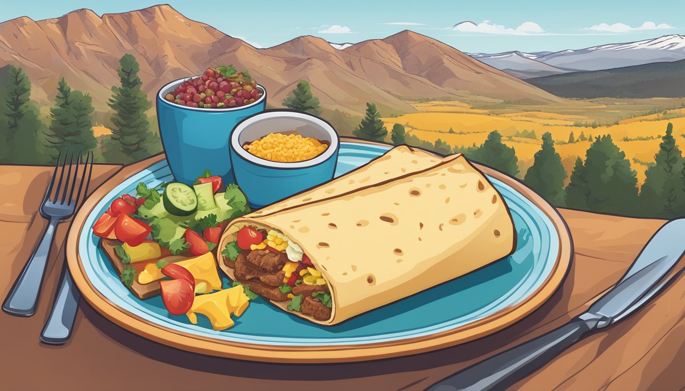 A colorful plate with a specialty toast, a breakfast burrito, and assorted sides, set against a backdrop of the Colorado landscape