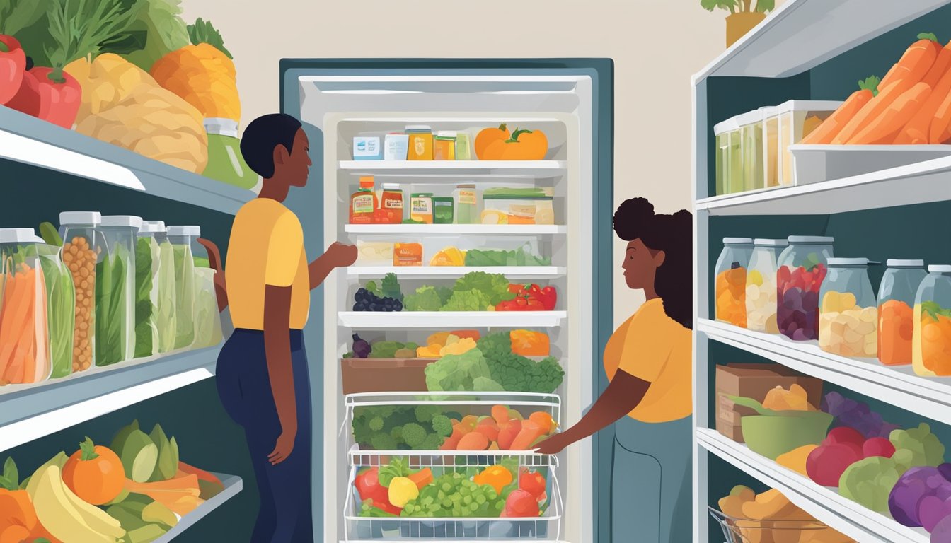 A colorful local community fridge filled with fresh produce and pantry items, surrounded by a diverse group of people happily taking what they need