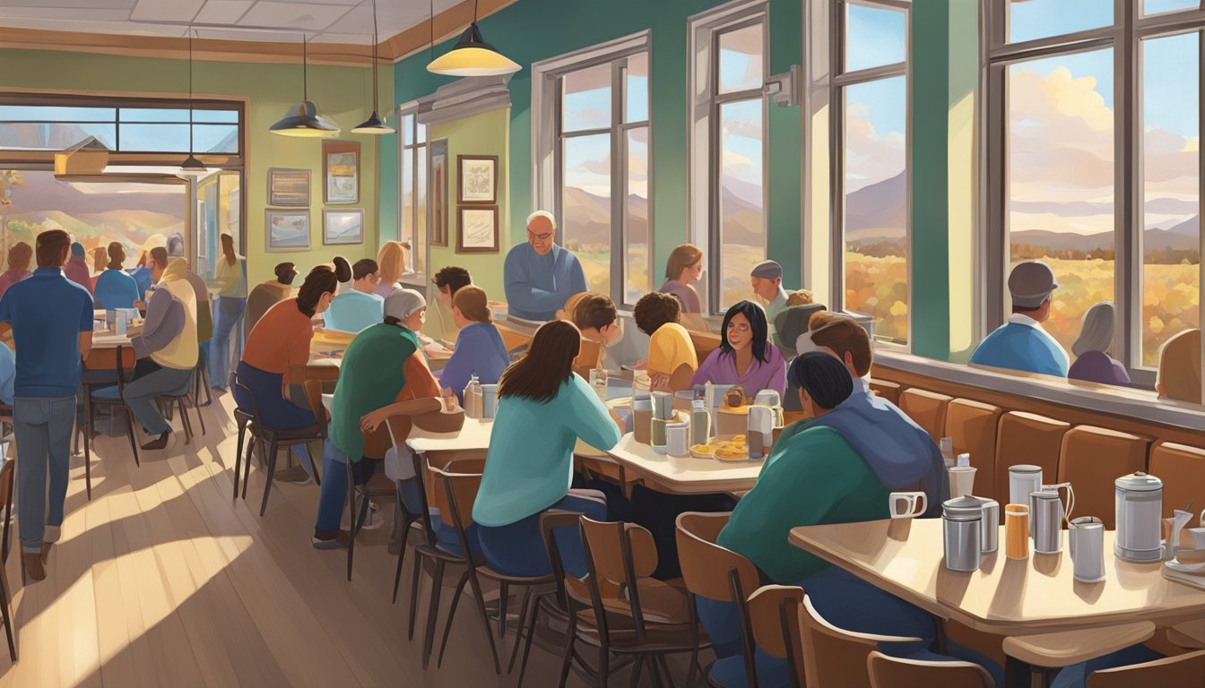 A bustling breakfast diner in Colorado with a line out the door, as satisfied customers leave glowing reviews on the restaurant's wall