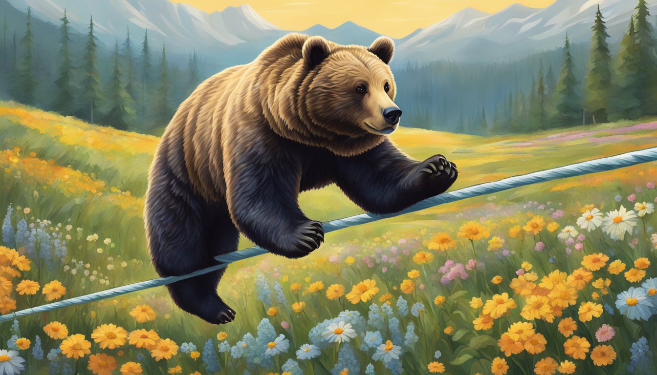 A bear balancing on a tightrope over a field of wildflowers