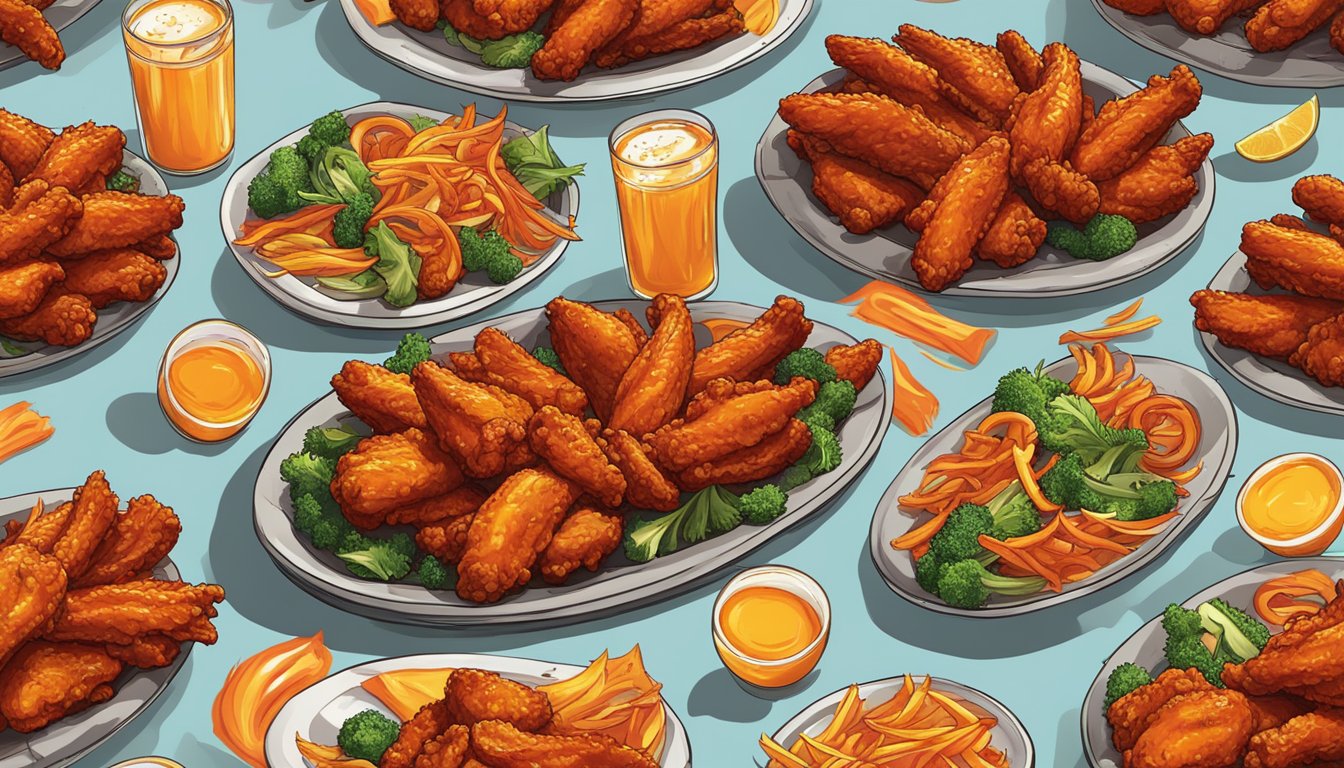 A platter of fiery hot Hellfire Wings sits ready for the California Smokeeaters challenge. Steam rises from the sizzling, saucy wings, surrounded by a halo of intense heat