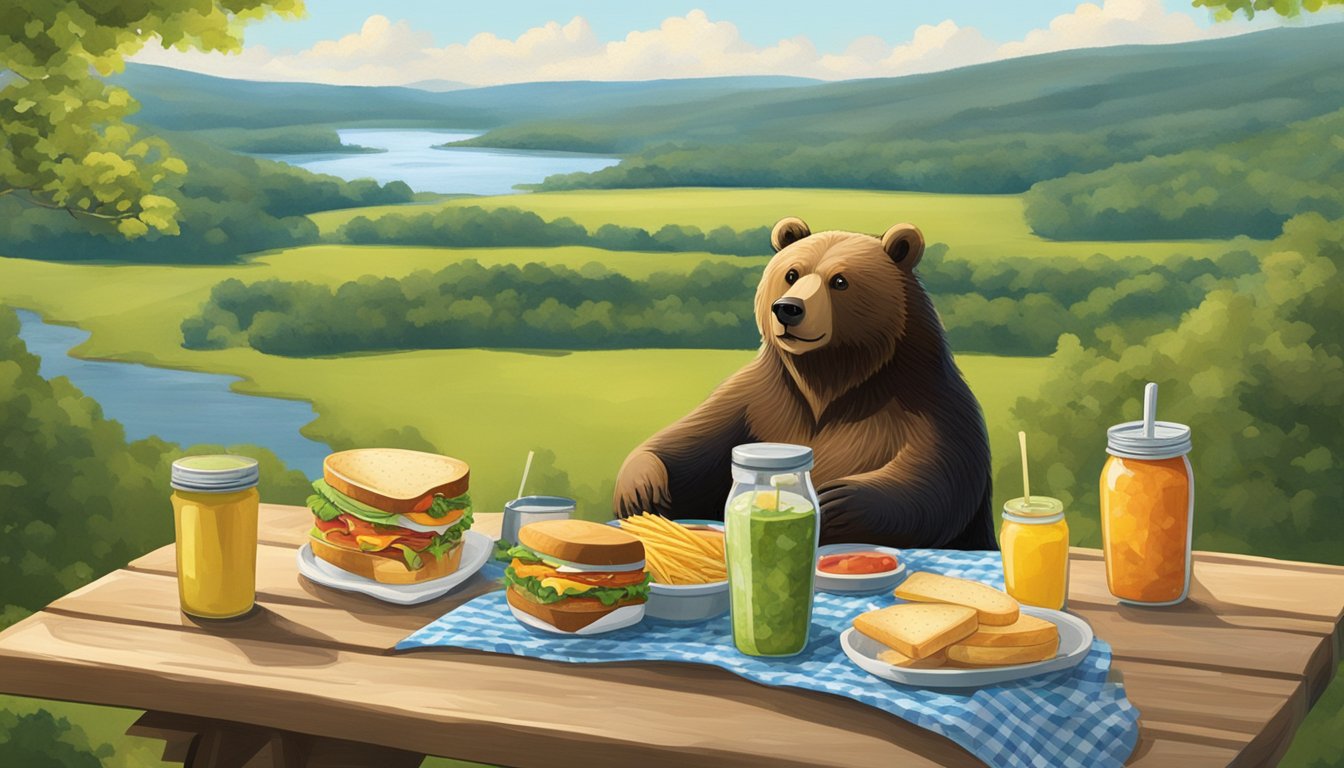 A bear sitting at a picnic table, surrounded by various types of sandwiches and condiments, with a scenic Connecticut landscape in the background