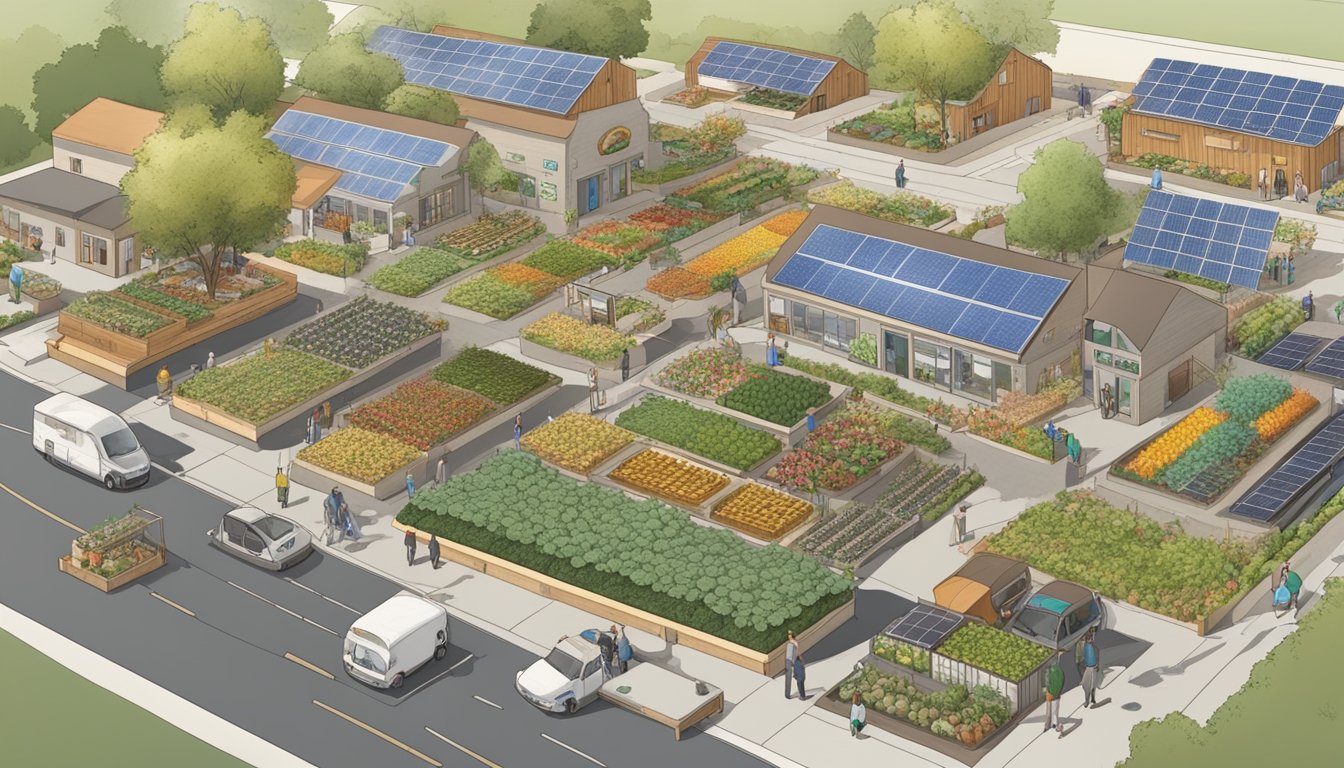 A bustling food co-op, with diverse produce and local goods, surrounded by community gardens and solar panels, contributing to economic and environmental sustainability in Vallejo, CA