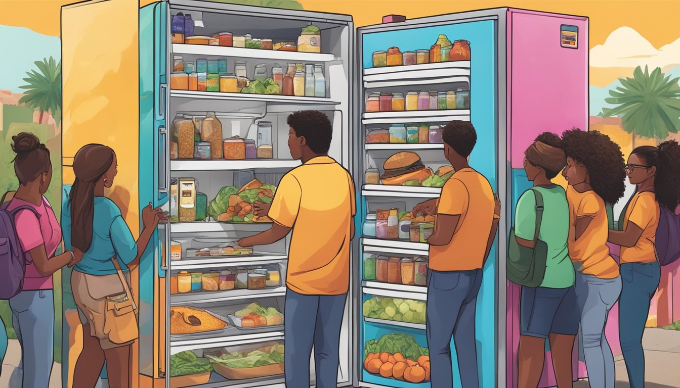 A person placing food items into a brightly painted community fridge surrounded by a diverse group of people in Phoenix, AZ