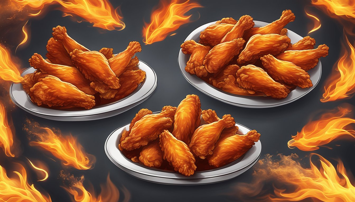 A platter of fiery hot chicken wings surrounded by smoke and flames