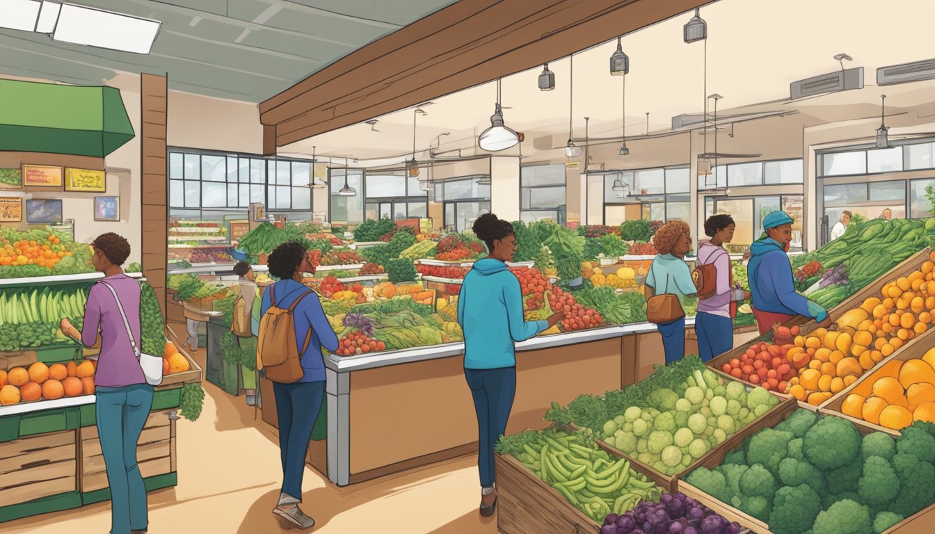 Customers browsing fresh produce at a bustling food co-op, with colorful displays of locally sourced fruits and vegetables. Busy staff assist shoppers in a vibrant, community-focused atmosphere