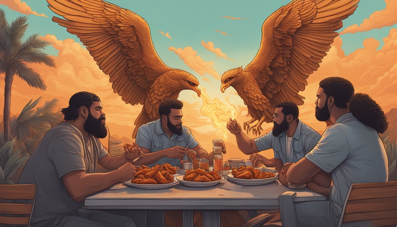 A group of smokeeaters devouring spicy hellfire wings, surrounded by a hazy California sky